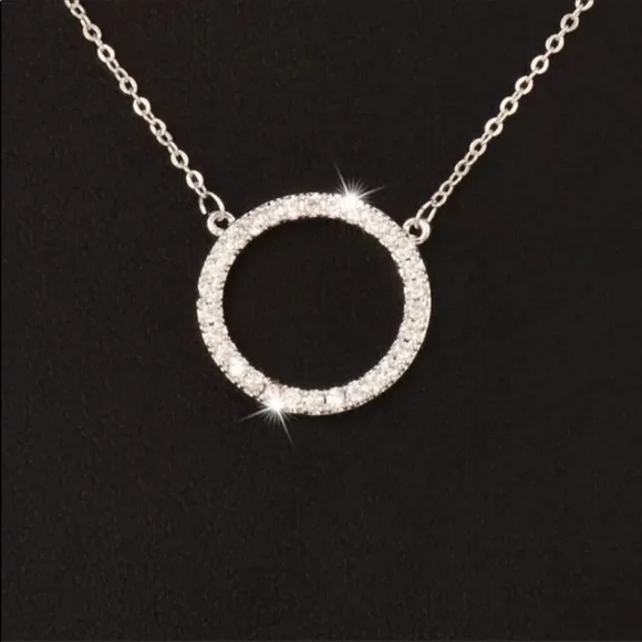 New - Classic Pave Circle Necklace Rhodium Plated - Picture 3 of 5